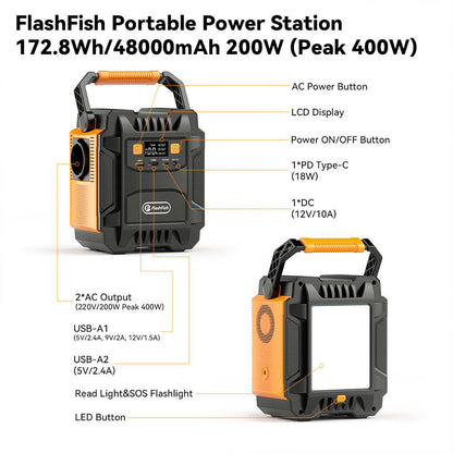 FlashFish A201 Power Station 400W Max. 172.8Wh, 48.000mAh Tragegriff, Beleuchtung