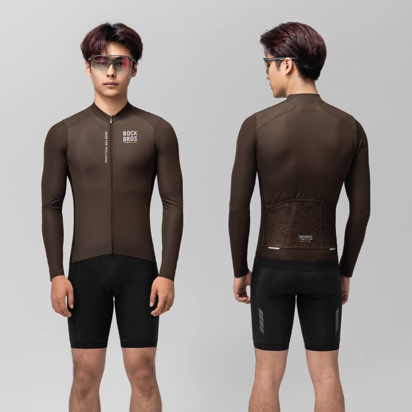 ROAD TO SKY Langarm-Radtrikot Herren Jersey Erdgrau/Braun