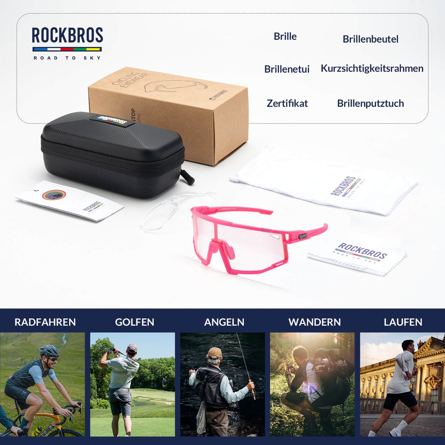 ROAD TO SKY Photochrome Fahrradbrille UV400 Schutz Verstellbare Nasenpads