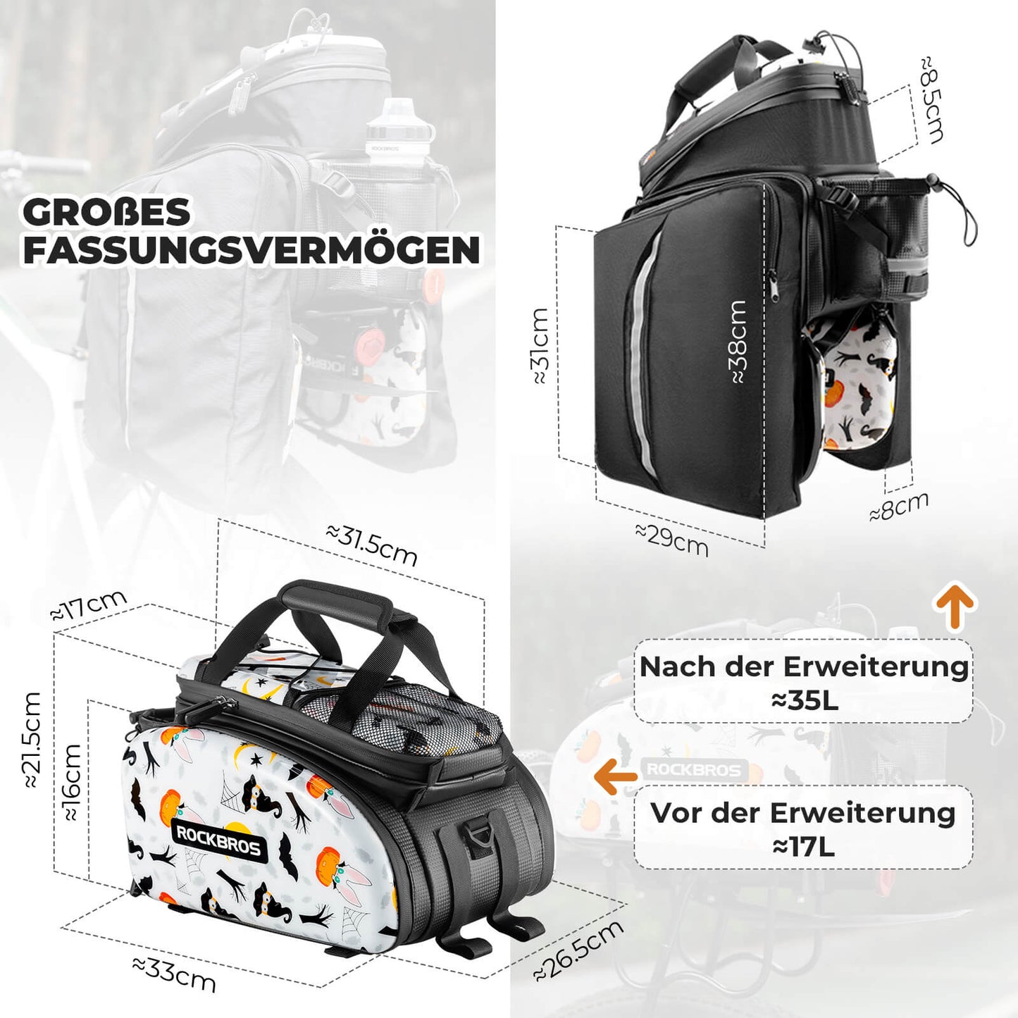 ROCKBROS Fahrrad Gepäckträgertasche 17-35L mit Regenhülle