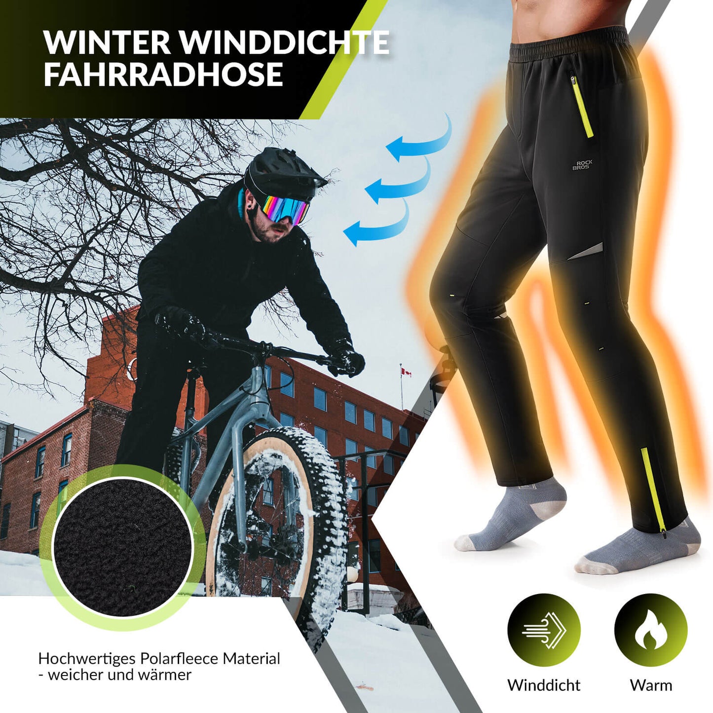 ROCKBROS Herren Fahrradhose Winddicht und Warm für Winter Outdoor-Sport