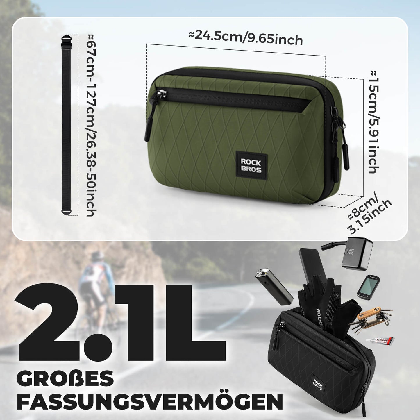 Lenkertasche Fahrradtasche mit Schultergurt 2,1L