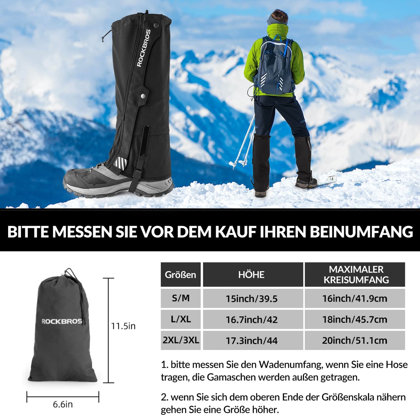 ROCKBROS Outdoor Gamaschen wasserdichte Schnee Gaiter für Herren Damen